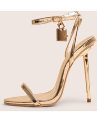 Public Desire - Ti Amo Gold Metallic Pu Padlock Detail Barely There Pointed Toe Stilettos Heels - Lyst