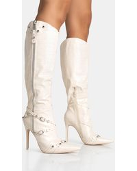 Public Desire - Worthy Ecru Croc Studded Zip Detail Pointed Toe Stiletto Knee High Boots - Lyst