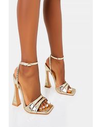 Public Desire - Saintly Gold Croc Wrap Around The Ankle Barley There Square Toe Flared Block High Heels - Lyst