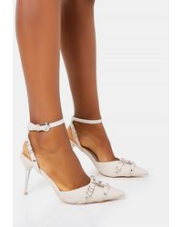 Public Desire - Prowl Cream Pu Strappy Metal Detailed Slingback Wrap Around The Ankle Pointed Court Stiletto Heels - Lyst
