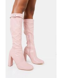 Public Desire - First Class Dusty Pink Pu Diamante Buckle Strap Detail Rounded Toe Knee High Block Heeled Boots - Lyst