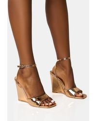 Public Desire - Connection Rose Gold Strappy Peep Toe Wedges - Lyst