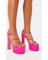 Public Desire - Stefania Hot Pink Studded Cage Platform Round Toe Block Heels - Lyst