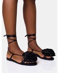 Public Desire - Magnolia Black Flower Corsage Lace Up Flat Sandals - Lyst