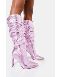 Public Desire - Manhattan Metallic Pink Pointed Toe Knee High Narrow Block Heel Boots - Lyst