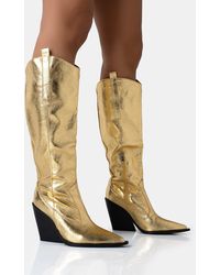 Public Desire - Nevada Gold Metallic Western Cowboy Pointed Toe Block Heel Knee High Boots - Lyst