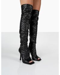 Public Desire Carlotta Black Open Toe Woven Material Heeled Over The Knee Boots
