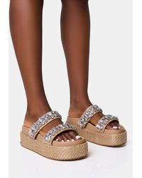 Public Desire - Duchess Natural Raffia Double Strap Embellished Platform Slider Sandals - Lyst