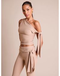Public Desire - Knot Detail Asymmetric One Shoulder Luxe Slinky Top Stone - Lyst