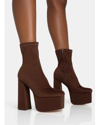 Public Desire - Dominate Chocolate Nylon Platform Rounded Square Toe Block Heeled Ankle Boots - Lyst