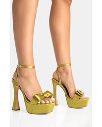 Public Desire - Dreamer Olive Green Satin Extreme Bow Ankle Strap Platform Square Toe Flared Stiletto Heels - Lyst
