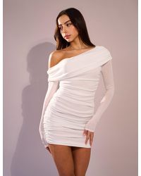 Public Desire - Mesh Off Shoulder Foldover Long Sleeve Mini Dress Cream - Lyst