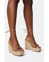 Public Desire - Heated Gold Strappy Lace Up Jute Wedges - Lyst