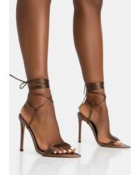 Public Desire - Merlot Metallic Bronze Lace Up Wrap Around Pointed Toe Stiletto Heels - Lyst