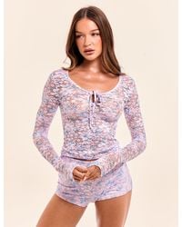 Public Desire - Long Sleeve Sheer Printed Floral Lace Scoop Neck Top Pink - Lyst
