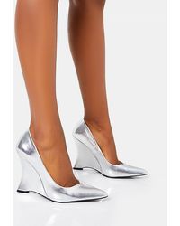 Public Desire - Betty Silver Mirror Metallic Pu Pointed Toe Inverted Wedge Pointed Court Heels - Lyst