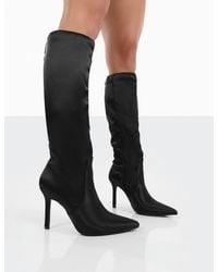 Public Desire - Best Believe Black Satin Pointed Toe Stiletto Heeled Knee High Boots - Lyst