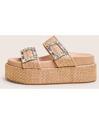 Public Desire - Bettie Natural Rattan Diamante Buckle Detail Flatform Slider Sandals - Lyst