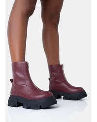 Public Desire - Bergen Burgundy Pu Zip Up Detailed Rounded Toe Chunky Soled Ankle Boots - Lyst