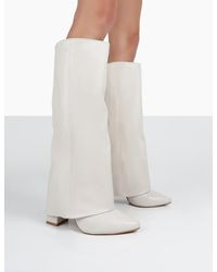 Public Desire - Zendaya Ecru Pointed Toe Knee High Block Boots - Lyst