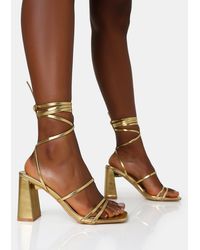 Public Desire - Natty Gold Pu Lace Up Square Toe Mid Block Heels - Lyst