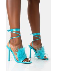 Public Desire - Iconic Bright Blue Satin & Blue Feather Detail Square Toe High Heels - Lyst