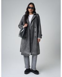 Public Desire - Distressed Faux Leather Long Trench Coat Dark Grey - Lyst