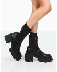 Public Desire - Everdeen Black Pu And Knit Chunky Heeled Platform Sock Ankle Boots - Lyst