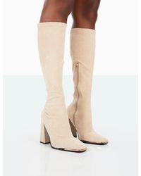 Public Desire - Caryn Taupe Faux Suede Knee High Block Heeled Boots - Lyst