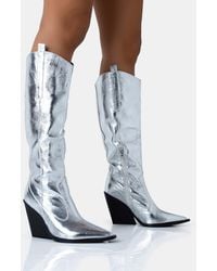 Public Desire - Nevada Silver Metallic Western Cowboy Pointed Toe Block Heel Knee High Boots - Lyst