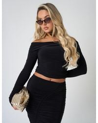 Public Desire - Ruched Bardot Long Sleeve Top Co Ord Black - Lyst