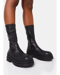 Public Desire - Cam Black Chunky Platform Round Toe Pu High Boots - Lyst