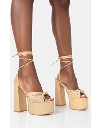 Public Desire - Crete Raffia Diamante Twist Strap Lace Up Platform Block Heels - Lyst