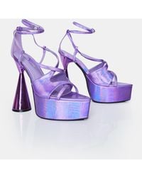 Public Desire - Tina Iridescent Metallic Purple Asymmetric Cut Out Strappy Ankle Platform Flared Block Heel - Lyst