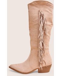 Public Desire - Tucker Beige Faux Suede Knee High Tassle Detail Western Boots - Lyst