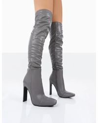 Public Desire Kenza X Pyrite Grey Patent Over The Knee Heeled Boots