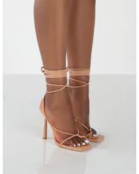 Public Desire - Lacey Nude Pu Square Toe Strappy Lace Up Stiletto Heels - Lyst