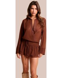 Public Desire - Plunge Neck Long Sleeve Ruffle Hem Mini Dress Brown - Lyst