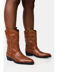 Public Desire - Folklore Tan Embroidered Flat Western Ankle Boots - Lyst