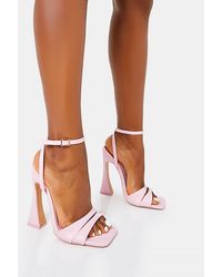 Public Desire - Saintly Wide Fit Baby Pink Pu Wrap Around The Ankle Barley There Square Toe Flared Block High Heels - Lyst