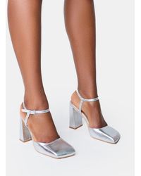 Public Desire - Leighton Cracked Silver Slant Toe Block Heels - Lyst