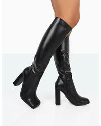 Public Desire - Gia Black Box Pu Square Toe Block Heel Knee High Boots - Lyst