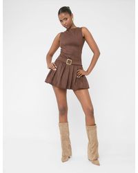 Public Desire - Suedette Buckle Detail Pleated Mini Dress Brown - Lyst