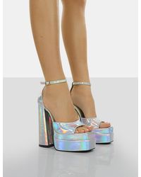 Public Desire Mercy Silver Holographic Strappy Square Toe Platform High Block Heels - Multicolor
