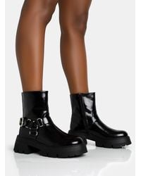 Public Desire - Blizzard Black Pu Silver Metal Buckle Detailed Zip Up Rounded Chunky Sole Ankle Boots - Lyst