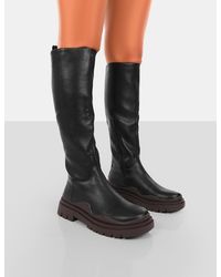 Public Desire - On Point Chocolate Black Pu Chunky Sole Knee High Boots - Lyst