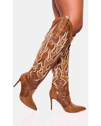 Public Desire - Jacksonville Brown Flame Motif Western Stiletto Heeled Over The Knee Boot - Lyst