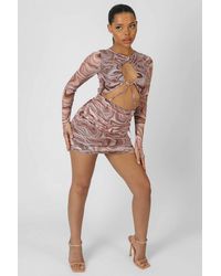 Public Desire - Printed Mesh Cut Out Ruched Mini Dress Brown - Lyst