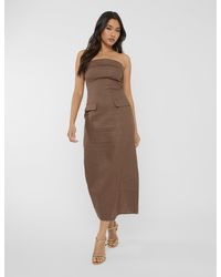 Public Desire - Linen Look Tailored Fold Over Bandeau Pocket Detail Midi Dress Chocolate - Lyst