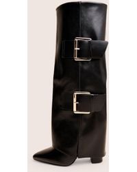 Public Desire - River Black Double Buckle Detail Pu High Knee Boots - Lyst